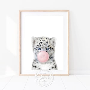 Baby Snow Leopard With Pink or Blue Bubble Gum Print, Snow Leopard Blowing Bubble Gum, Nursery Decor, Nursery Wall Art, Baby Animal Art
