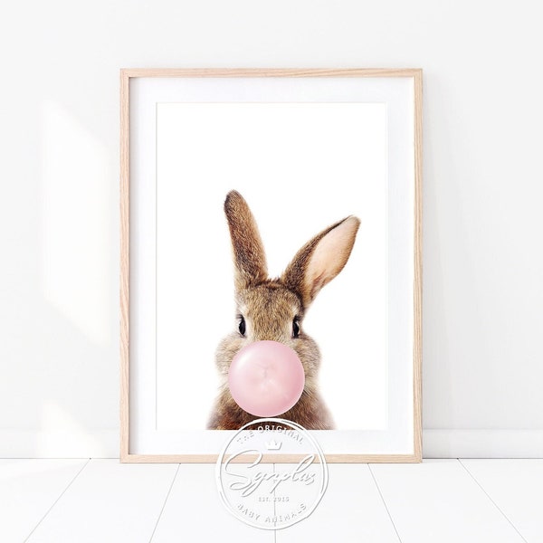 Bunny With Pink Bubble Gum Print, Baby Rabbit Print, Woodland Nursery Decor, Baby Girl Nursery Wall Art, Baby Animals Art Print by Synplus