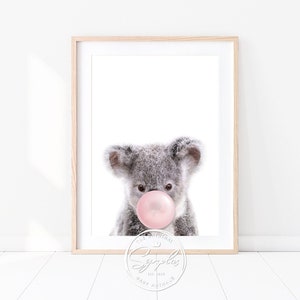 Baby Koala With Pink or Blue Bubble Gum Print, Kids Room Decor, Baby Boy, Girl Nursery Wall Art, Baby Animals Art by Synplus