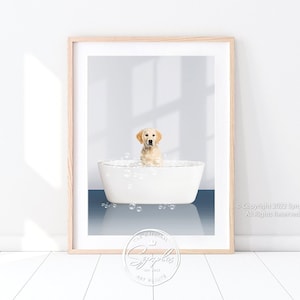 Puppy Golden Retriever in Bathtub Print, Retriever Puppy Bathing, Navy Blue Bathroom Art, Contemporary Style, Bathtub Animal Art by Synplus