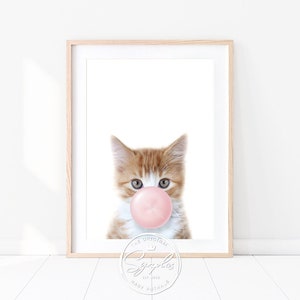 Kitten With Pink or Blue Bubble Gum Print, Ginger Tabby Cat, Kids Room Decor, Baby Boy, Girl Nursery Wall Art, Baby Animals Art by Synplus