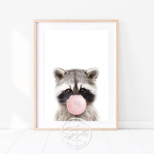 Baby Raccoon With Pink or Blue Bubble Gum Print, Woodland Nursery Decor, Baby Boy, Girl Nursery Wall Art, Baby Animals Art by Synplus