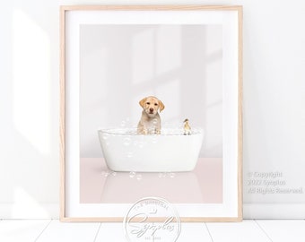 Labrador Retriever Puppy in Bathtub Print, Puppy And Duckling Bathing, Pink Bathroom Decor, Contemporary Art, Bathtub Animal Art by Synplus