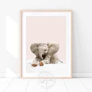 Baby Elephant in Bathtub Print, Elephant Bathing, Whimsy Art, Neutral Bathroom Art, Safari Baby Animals, Bathtub Animal Art Print by Synplus