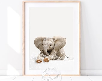 Baby Elephant in Bathtub Print, Elephant Bathing, Whimsy Animal Art, Bathroom Art, Safari Baby Animals, Bathtub Animal Art Print by Synplus