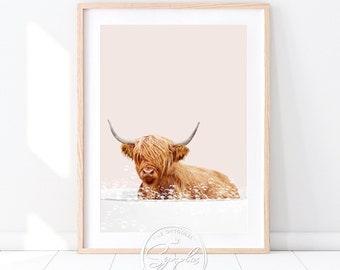 Highland Cow in a Bathtub Print, Cow Bathing, Cow Taking a Bath, Whimsy Art, Neutral Bathroom Decor, Animal in Bathtub Art Print by Synplus