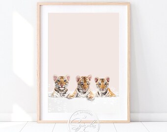 Baby Tigers in a Bathtub Print, Tiger Cubs Taking a Bath, Whimsy Art, Bathroom Art, Neutral Washroom Wall Art, Bathtub Animal Art by Synplus