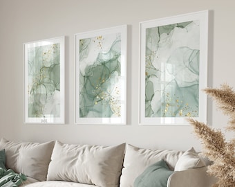Sage Green Wall Art Prints, Abstract Set of 3 Prints, Marble Wall Prints, Green Prints, Gold, Modern Bedroom Decor, Living Room Wall Prints