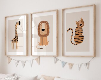 Safari Nursery Wall Prints, Boho Nursery Prints, Safari Animals, Set of 3 Prints, Beige Nursery Prints, Boho Nursery Wall Art, Nursery Decor