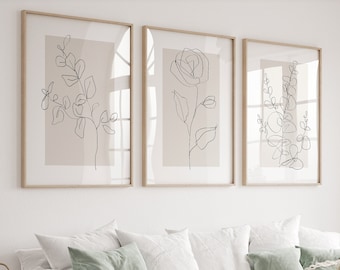 Neutral Wall Art Prints, Botanical Line Art, Plant Art, Beige Home Decor, Set of 3 Prints, Minimalist Modern Bedroom Living Room Wall Decor
