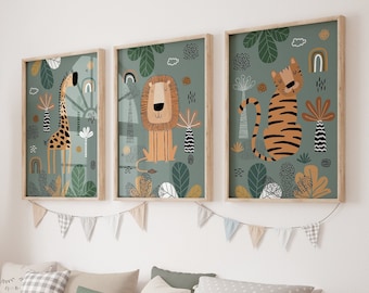 Boho Nursery Wall Art, Boho Nursery Wall Art Prints, Safari Nursery Prints, Set of 3 Prints, Nursery Print, Nursery Decor, Green Nursery Art