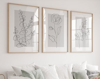 Botanical Line Art Prints, Set of 3, Neutral Grey Wall Decor, Plant Wall Prints, Abstract Minimalist Modern Bedroom Living Room Wall Decor