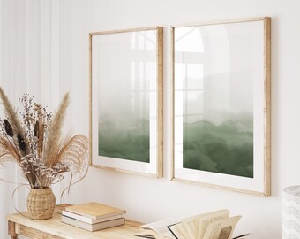 Salbei-grüne Wandkunst, 2er-Set Abstrakte Aquarelldrucke, zeitgenössische Kunst, grüne Drucke, modernes Schlafzimmerdekor, Wohnzimmer-Wanddeko, Geschenk