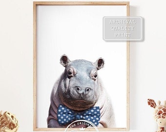 Baby Hippo With Bow Tie Print, Baby Animal Art Print by Synplus, Bow Tie Baby Animals Art, Safari Nursery Decor, Baby Boy Nursery Wall Art