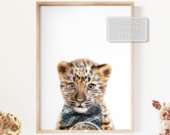 Baby Leopard With Bow Tie Print, Baby Animal Art Print by Synplus, Bow Tie Baby Animals Art, Safari Nursery Decor, Baby Boy Nursery Wall Art