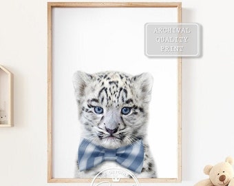 Baby Snow Leopard With Bow Tie Print, Baby Animal Art Print by Synplus, Bow Tie Baby Animals Art, Nursery Decor, Baby Boy Nursery Wall Art