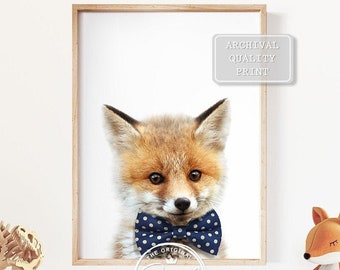 Baby Fox With Bow Tie Print, Bow Tie Baby Animals Art, Baby Animal Art Print by Synplus, Woodland Nursery Decor, Baby Boy Nursery Wall Art