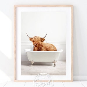 Highland Cow in Bathtub, Horizontal or Vertical Print, Cow Taking a Bath, Cow Bathing, Bathroom Wall Art Decor, Farm Animals Art by Synplus