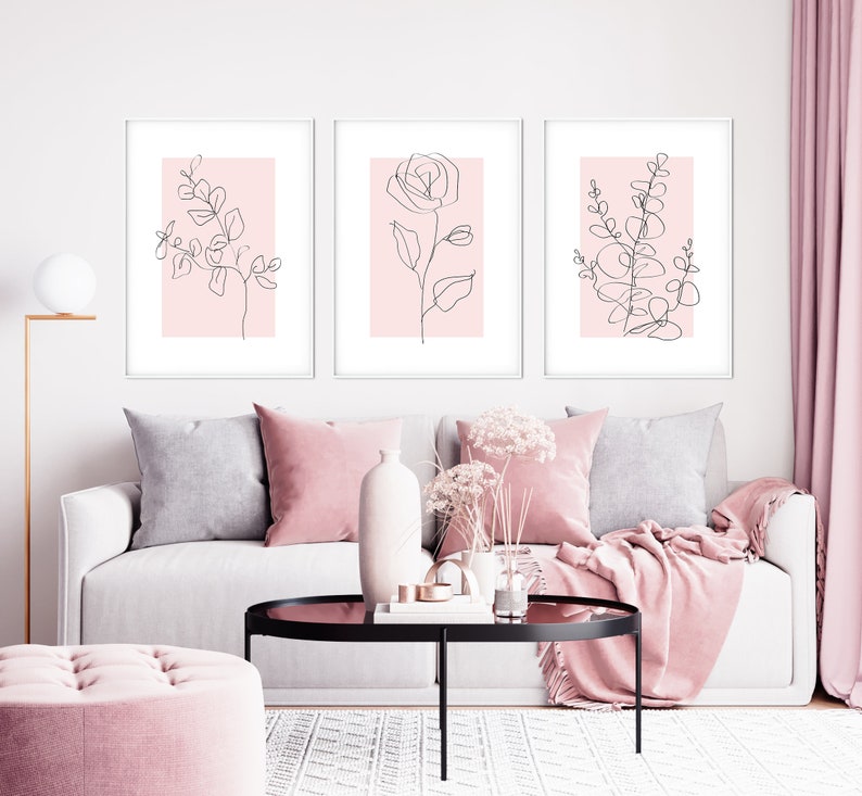 Pink Wall Art Prints, Botanical Line Art, Set of 3 Plant Wall Prints ...