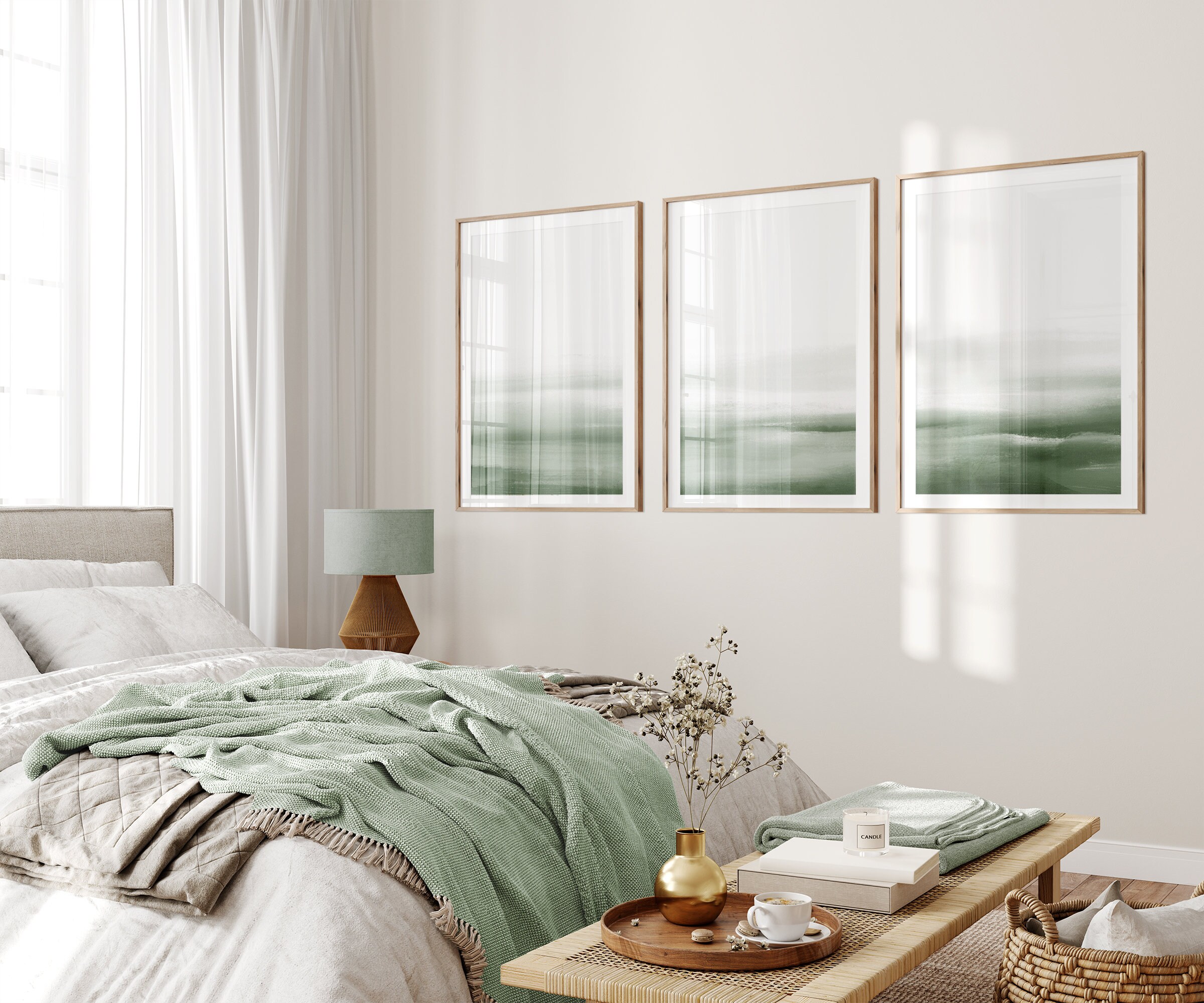 Sage Green Wall Art, Set of 3 Abstract Watercolor Prints, Contemporary