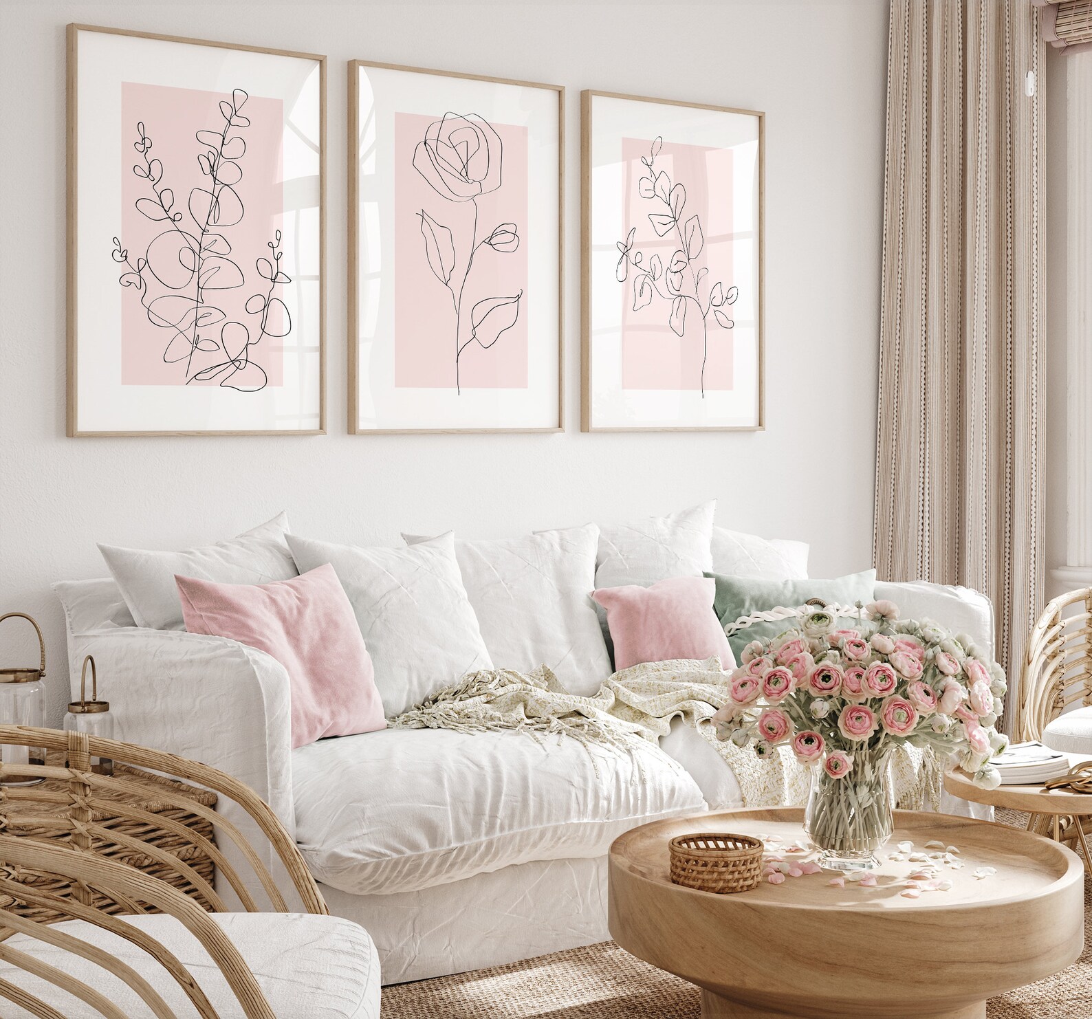 Pink Wall Art Prints, Botanical Line Art, Set of 3 Plant Wall Prints ...