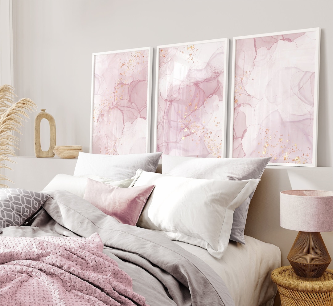 Abstract Set of 3 Pink Wall Art Prints, Pink and Gold Wall Art