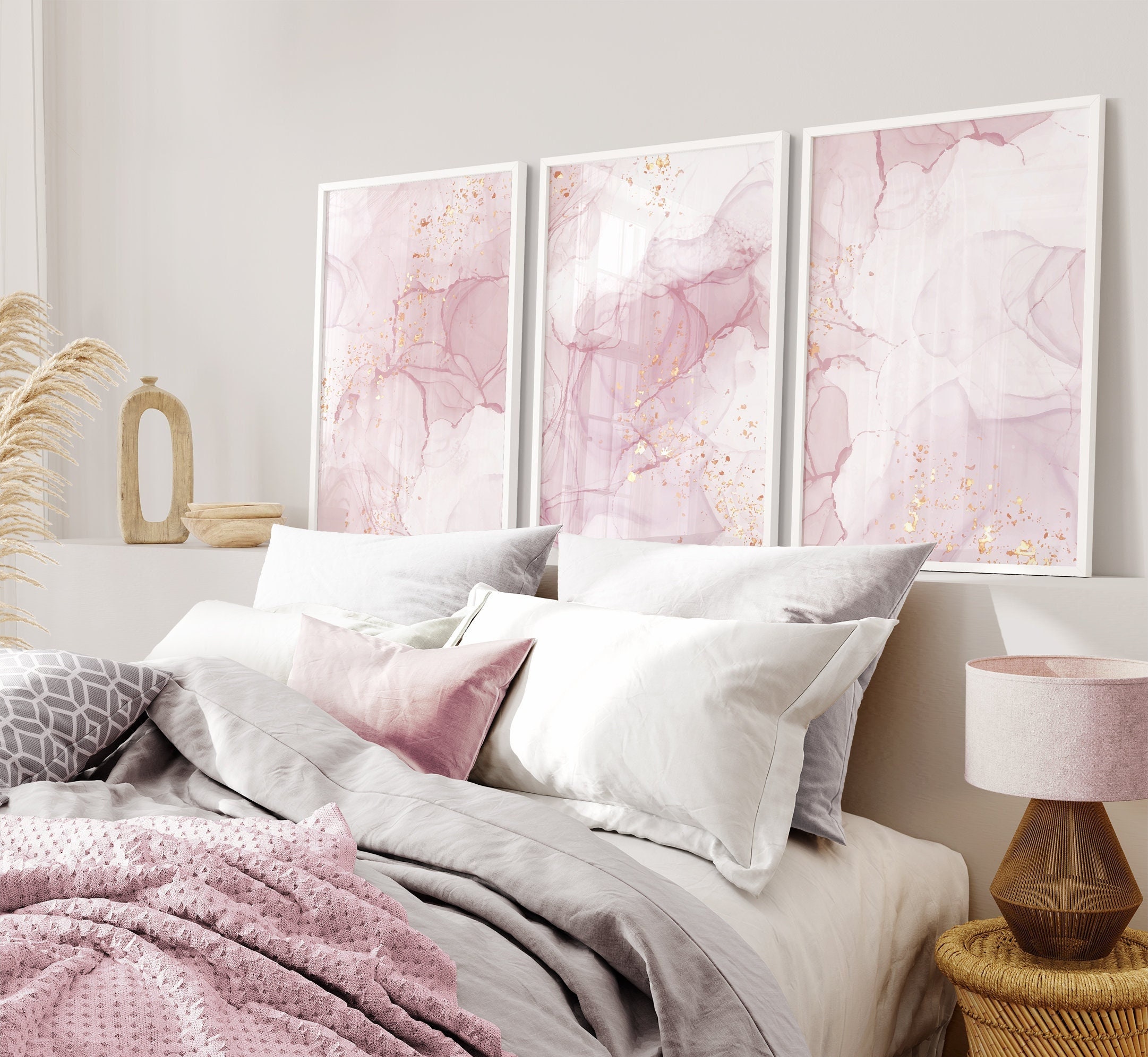 Abstract Set of 3 Pink Wall Art Prints, Pink and Gold Wall Art
