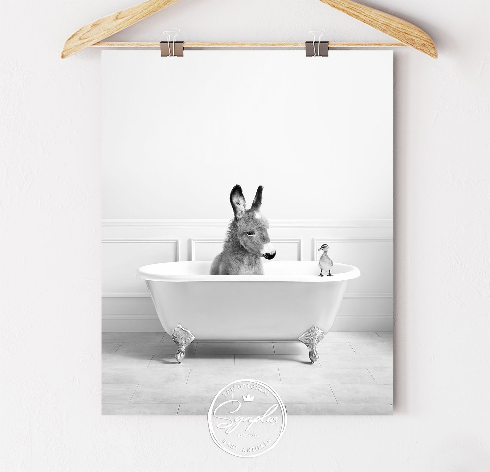 Baby Donkey in Bathtub Print Black and White Animals in Etsy