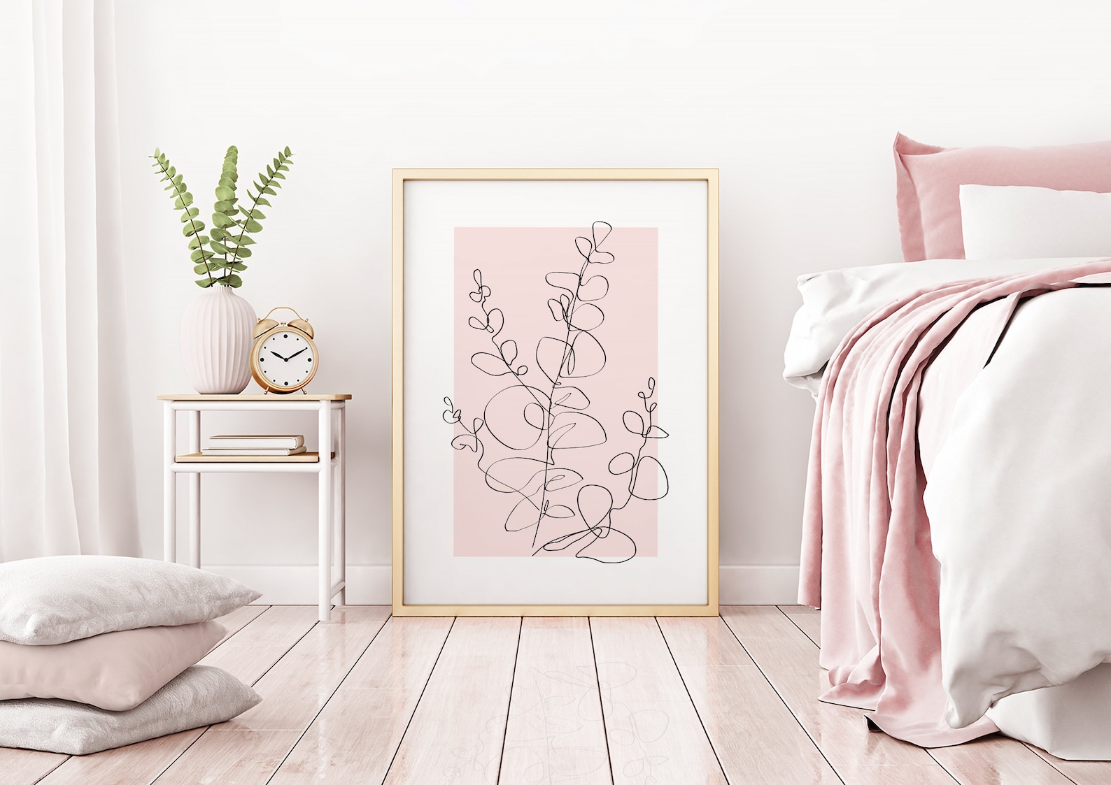 Pink Wall Art Prints, Botanical Line Art, Set of 3 Plant Wall Prints ...