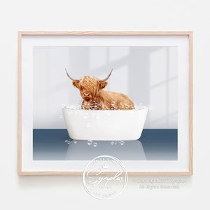 Highland Cow in Bathtub Print, Cow Taking a Bath, Navy Blue Bathroom Art, Contemporary Art, Washroom Decor, Animal in Bathtub Art by Synplus