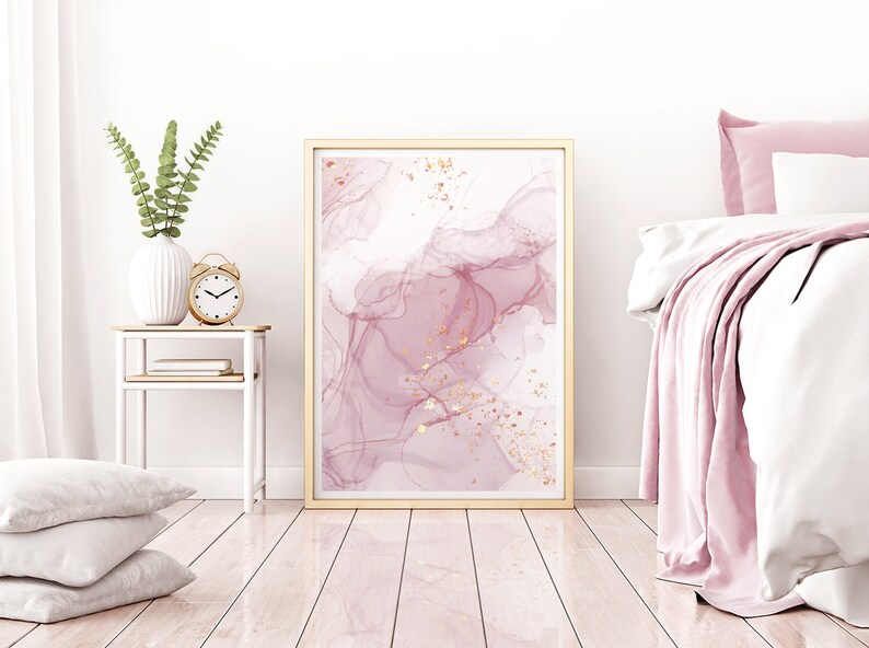 Abstract Set of 3 Pink Wall Art Prints, Pink and Gold Wall Art