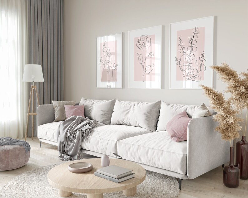 Pink Wall Art Prints, Botanical Line Art, Set of 3 Plant Wall Prints ...