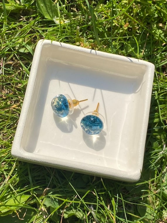 Blue Reflection Stud Earrings, Glass Earrings, Minimalist Earrings, Minimalist Jewellery