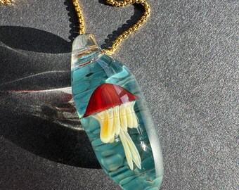 Red and White Jellyfish Necklace, Borosilicate Glass Handmade Pendant