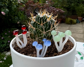 Miniature Glass Mushroom Plant Stakes, Handmade Garden Sculpture