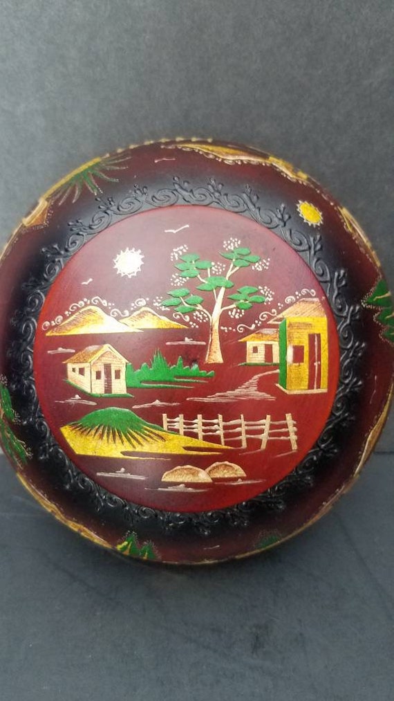 Vintage Oriental Hand Painted Wooden Round Trinke… - image 6