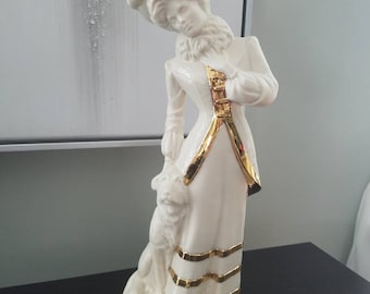 Vintage Figurine Art Deco Elegant  Lady With a Dog, White Porcelain With Gold Trim Collectible Display Figurines.