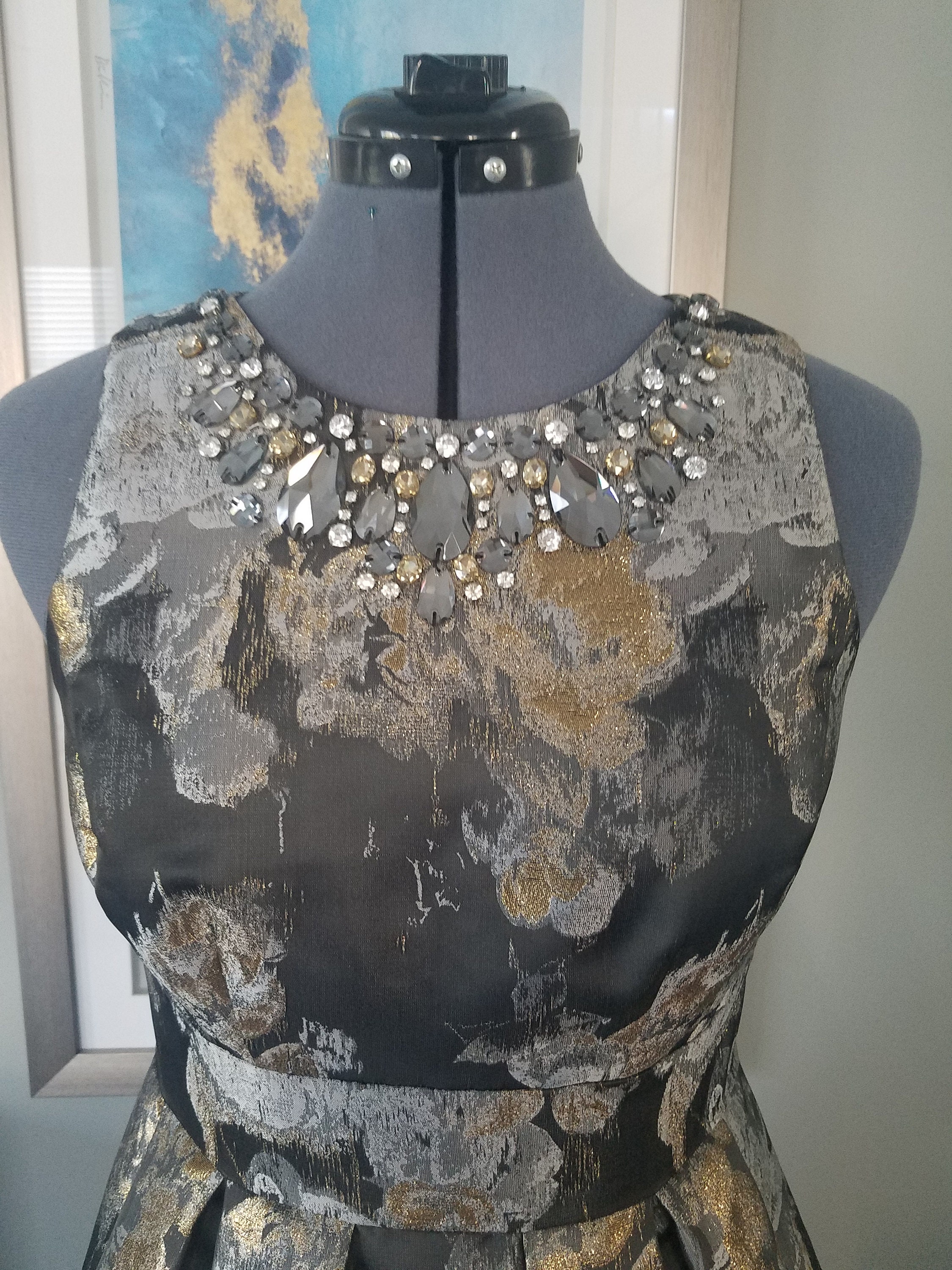 Evening Cocktail Dress by Eliza J New York Dark Grey With Gold- Platinum  Floral Pattern and Crystals. Christmas New Year Eve Dress. Size 8 - Etsy