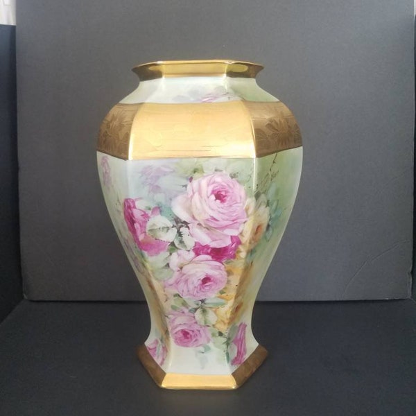 Antique Large Porcelain Limoges Vase Hand Painted Floral With Gold Gild. B &Co Limoges France Bernardaud and Co.