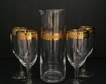 Glass Decanter with Glasses Set of 5. Juice ,Wine Carafe Set. Wine Decanter with Goblets, Clear Glass with Gold Rim. No Box.