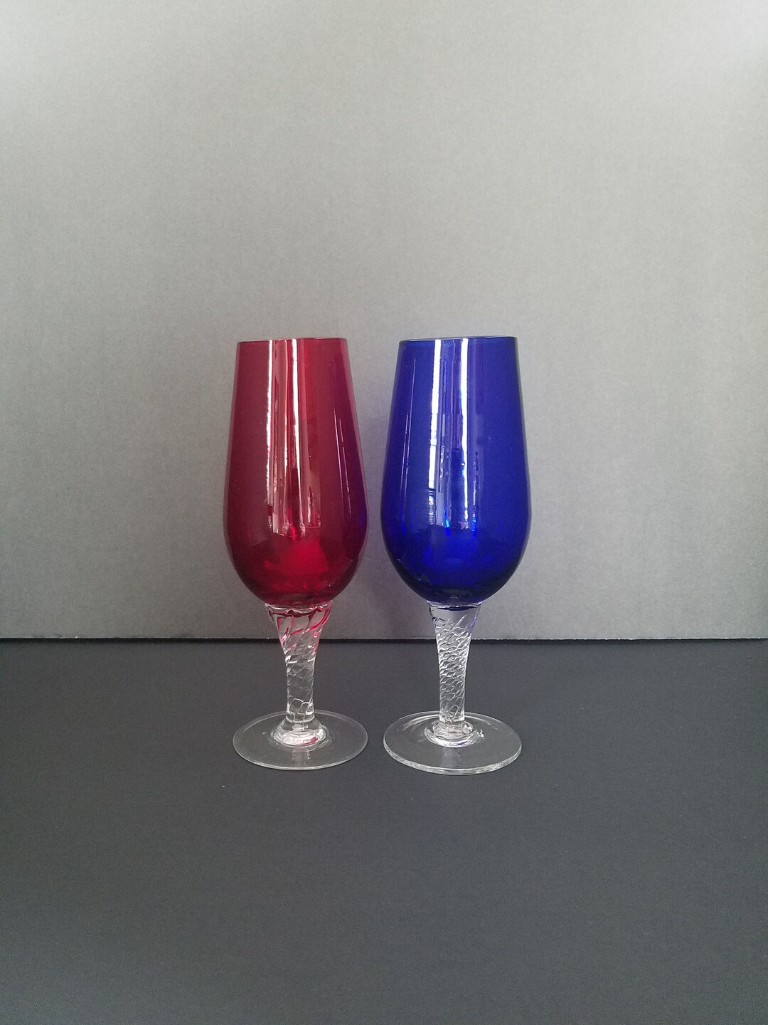 Vintage Retro Wine Glasses Set of 2. Deep Red and Cobalt Blue With Twisted Stem. Tulip Shaped