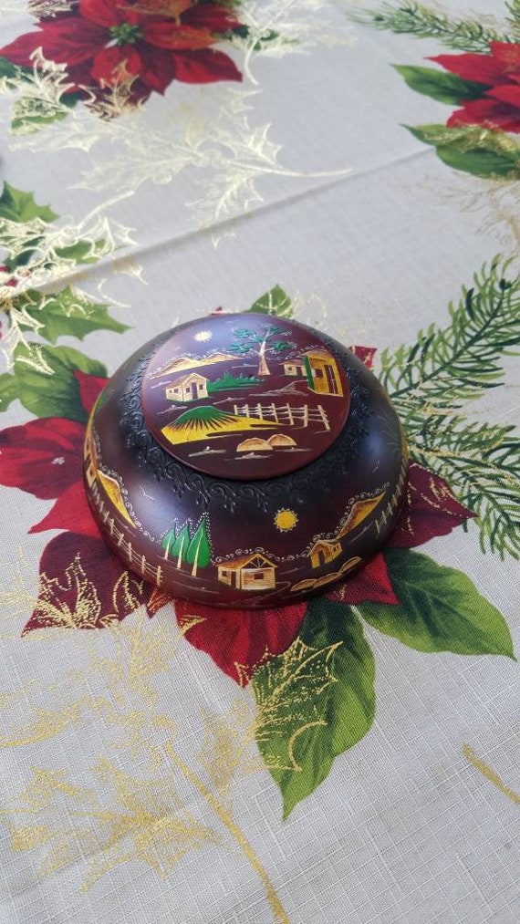 Vintage Oriental Hand Painted Wooden Round Trinke… - image 8