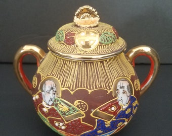 Antique Mikado Porcelain Sugar Bowl  Moriage Enemeled Hand Painted