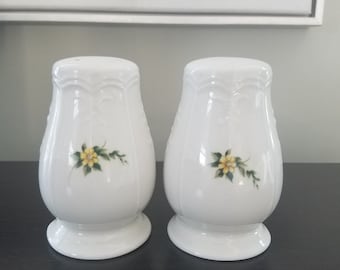 Porcelain White Salt and Pepper  with Small flowers. Fine China.