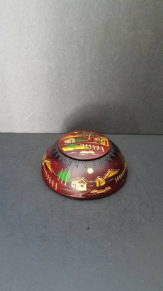 Vintage Oriental Hand Painted Wooden Round Trinket