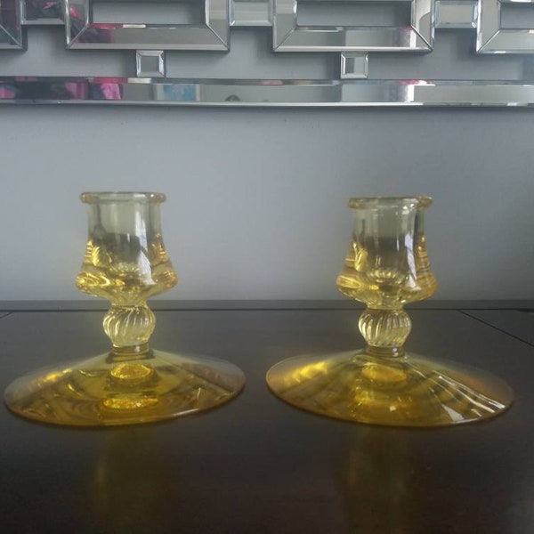 Vintage Yellow Glass Candleholders Set of 2 Heisey Glass#112 Mercury Sahara Candlesticks