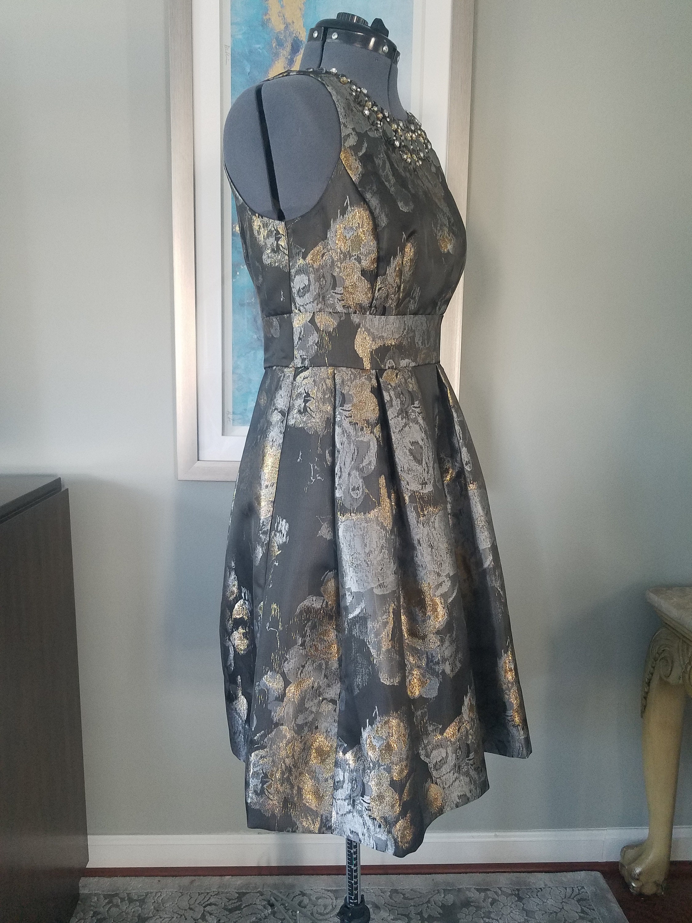 eliza j floral jacquard fit & flare dress Eliza J Floral Jacquard V-Neck Pleated High-Low Fit Flare Teal Gown Size 2