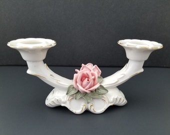 Vintage Dresden Porcelain Double Candle holder. Candlestick with Pink Roses.