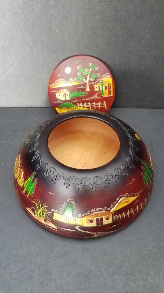 Vintage Oriental Hand Painted Wooden Round Trinke… - image 4