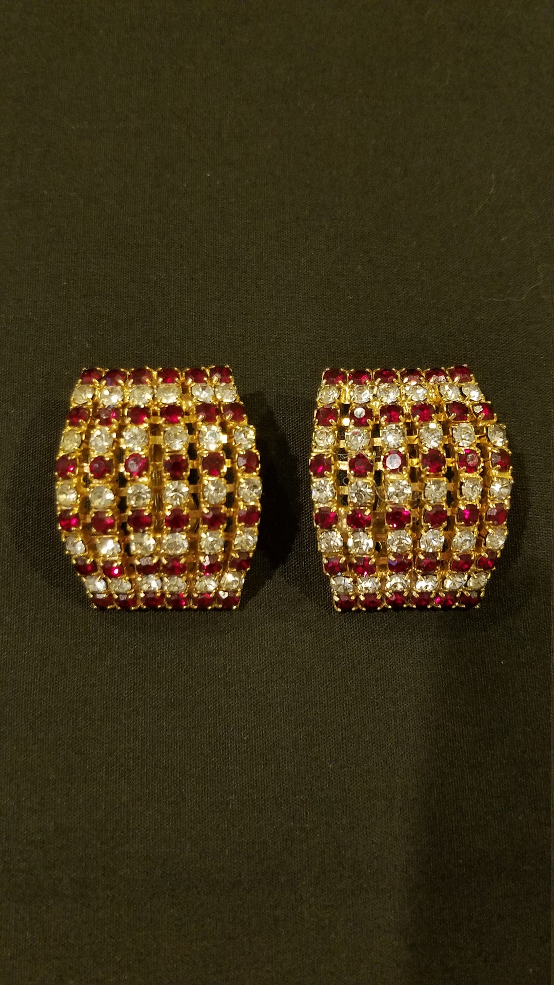 Vintage Costume Clip on Earrings Gold Tone With Red and White Zircon